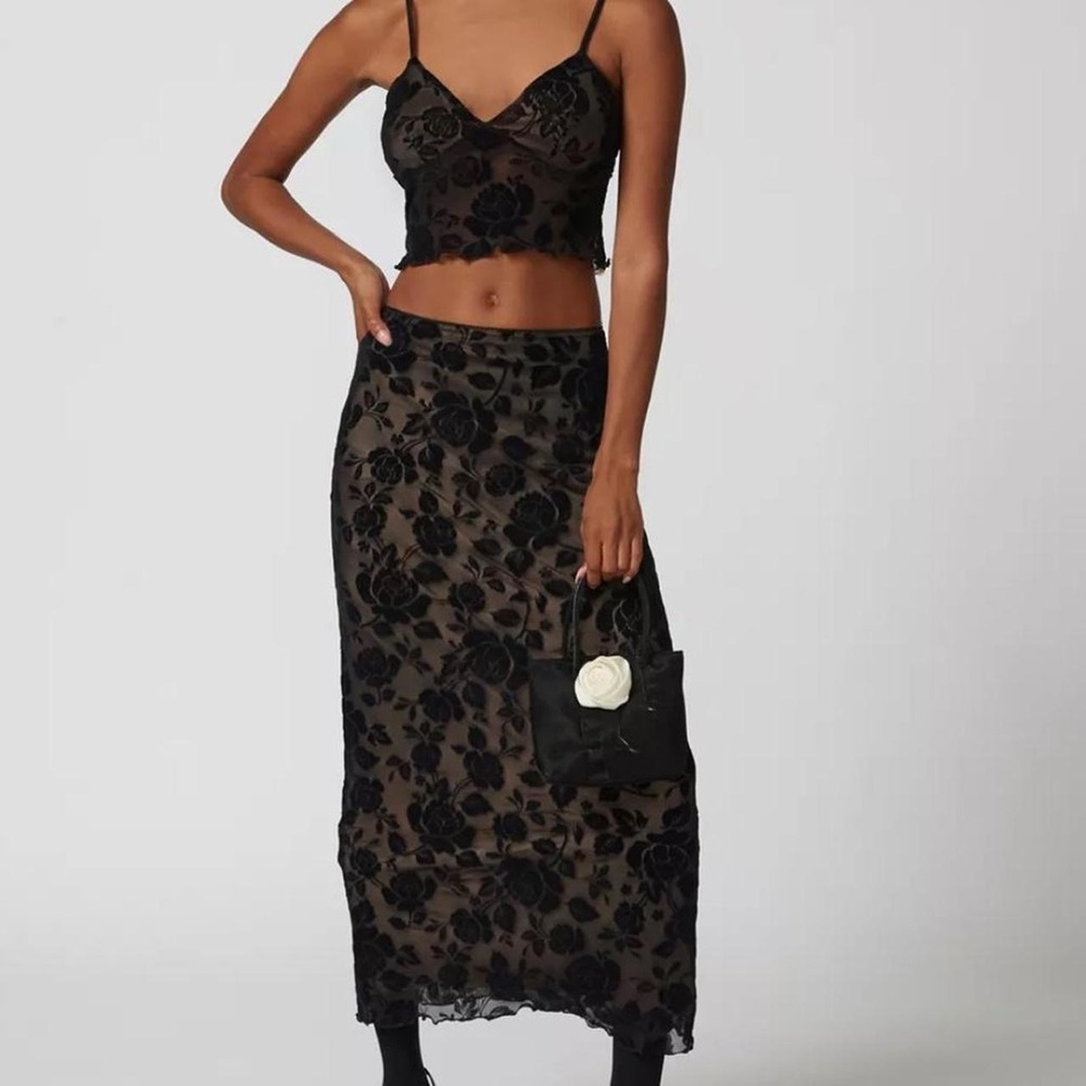 UO Joss Flocked Velvet Floral Cami & Midi Skirt Set